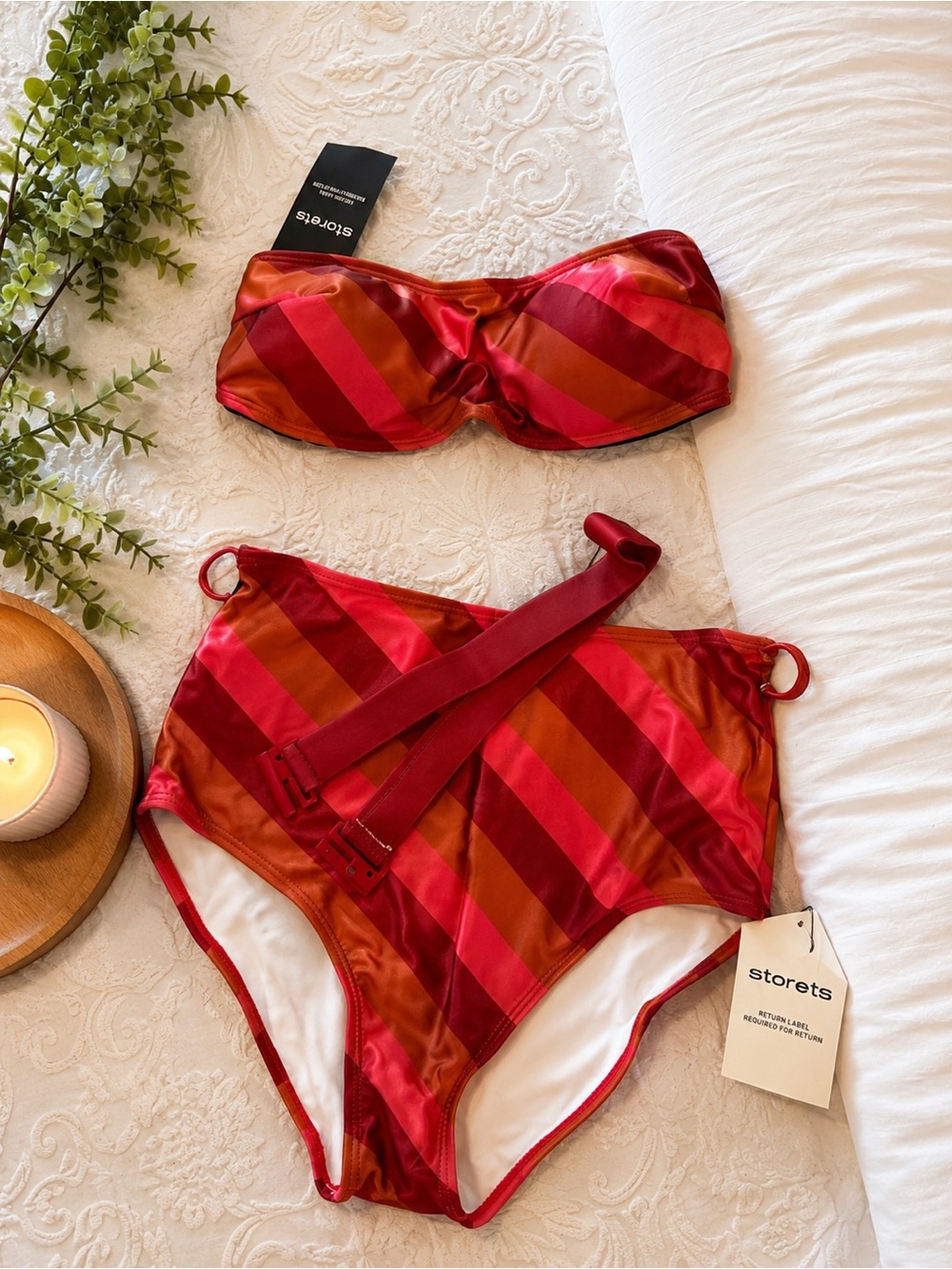 storets Red & Orange Diagonal-Stripe High-Waist Bandeau Bikini